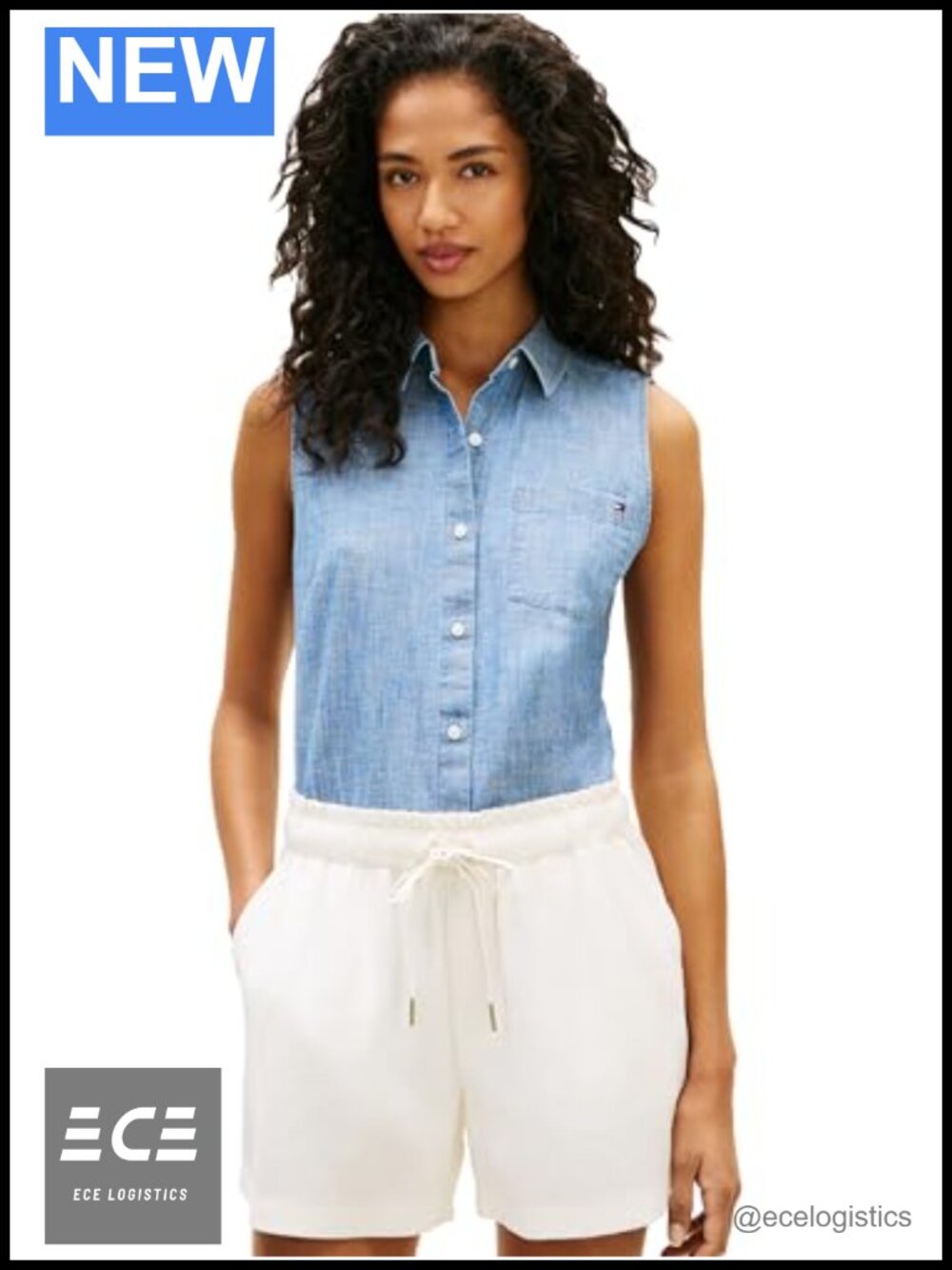 Tommy Hilfiger Womens Chambray Button Down Shirt Sleeveless